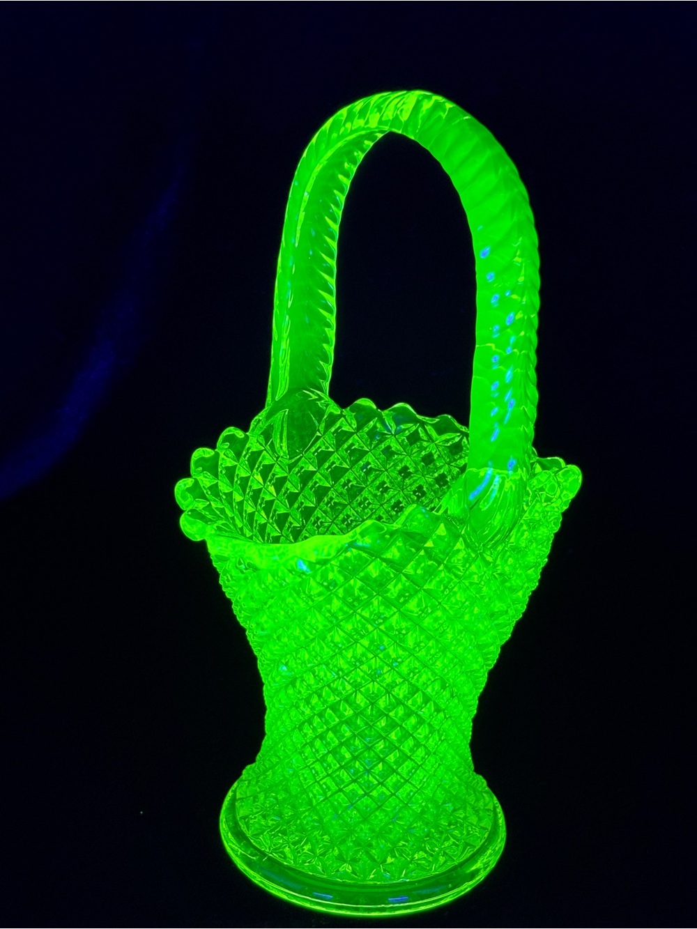Vintage Westmoreland Diamond Point Vaseline/Uranium Glass Basket
